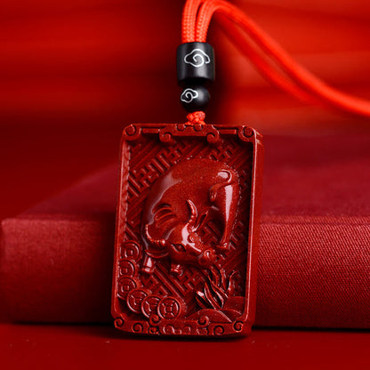 Collier pendentif rectangulaire calme en pierres de Bouddha et zodiaque chinois en cinabre