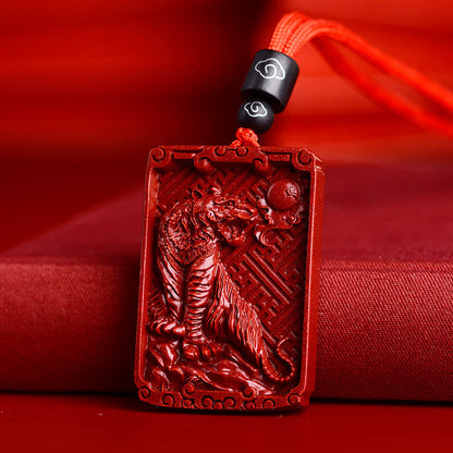 Collier pendentif rectangulaire calme en pierres de Bouddha et zodiaque chinois en cinabre
