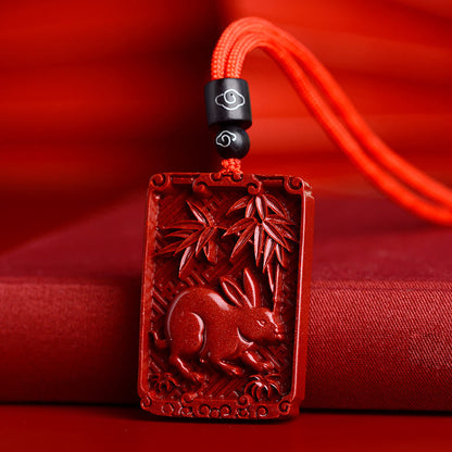 Collier pendentif rectangulaire calme en pierres de Bouddha et zodiaque chinois en cinabre