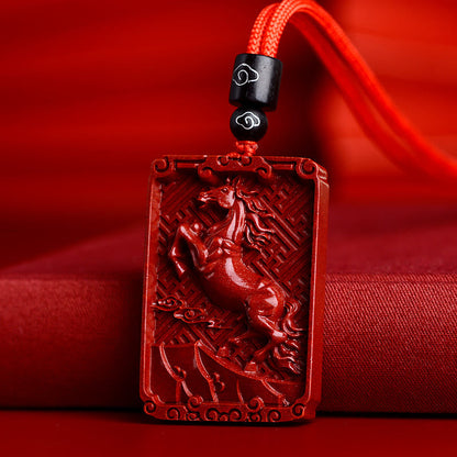 Collier pendentif rectangulaire calme en pierres de Bouddha et zodiaque chinois en cinabre
