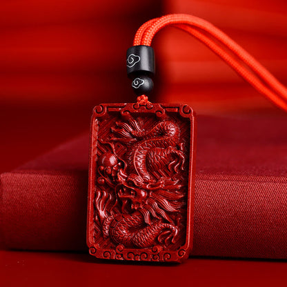 Collier pendentif rectangulaire calme en pierres de Bouddha et zodiaque chinois en cinabre