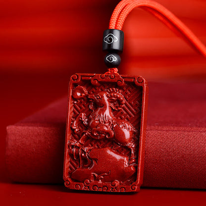Collier pendentif rectangulaire calme en pierres de Bouddha et zodiaque chinois en cinabre