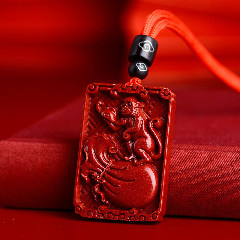 Collier pendentif rectangulaire calme en pierres de Bouddha et zodiaque chinois en cinabre