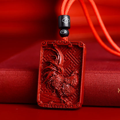 Collier pendentif rectangulaire calme en pierres de Bouddha et zodiaque chinois en cinabre