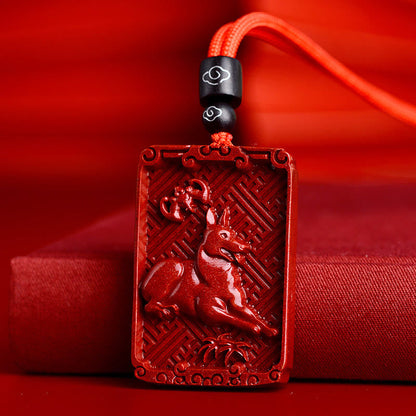 Collier pendentif rectangulaire calme en pierres de Bouddha et zodiaque chinois en cinabre