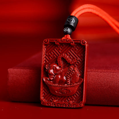 Collier pendentif rectangulaire calme en pierres de Bouddha et zodiaque chinois en cinabre