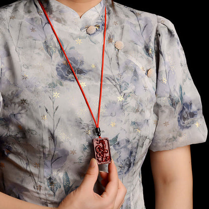 Collier pendentif rectangulaire calme en pierres de Bouddha et zodiaque chinois en cinabre