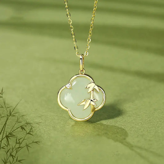 Buddha Stones Hetian Jade 925 Sterling Silver Four Leaf Clover Bamboo Growth Necklace Pendant BS