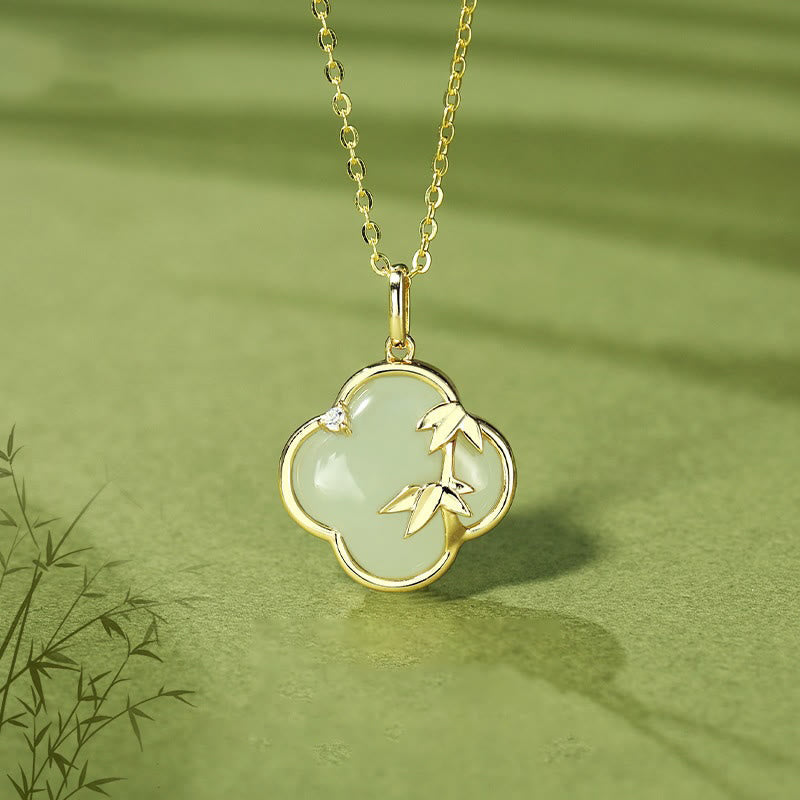 Collier avec pendentif en argent sterling 925 et jade Hetian, trèfle à quatre feuilles, bambou et pierres de Bouddha
