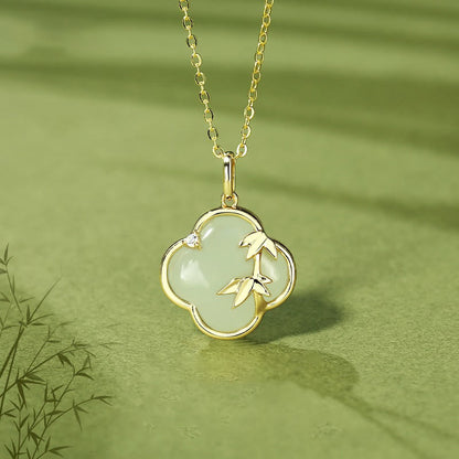 Collier avec pendentif en argent sterling 925 et jade Hetian, trèfle à quatre feuilles, bambou et pierres de Bouddha