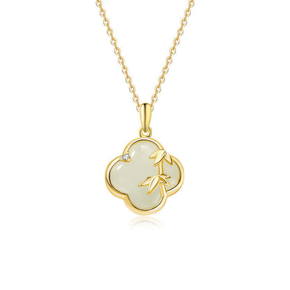 Collier avec pendentif en argent sterling 925 et jade Hetian, trèfle à quatre feuilles, bambou et pierres de Bouddha