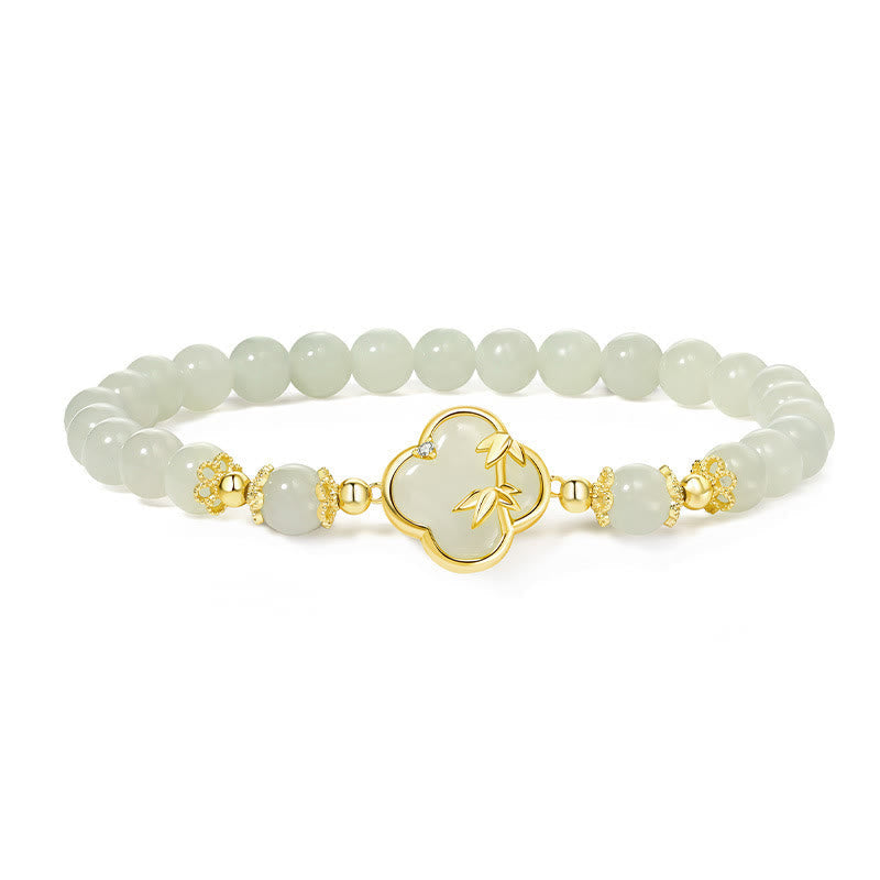 Bracelet porte-bonheur en argent sterling 925, jade Hetian, trèfle à quatre feuilles et bambou 