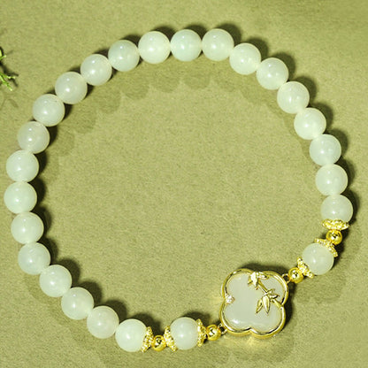 Buddha Stones Hetian Jade 925 Sterling Silver Four Leaf Clover Bamboo Luck Bracelet