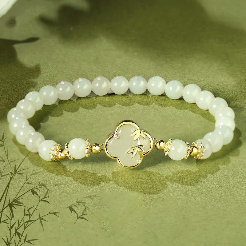 Buddha Stones Hetian Jade 925 Sterling Silver Four Leaf Clover Bamboo Luck Bracelet