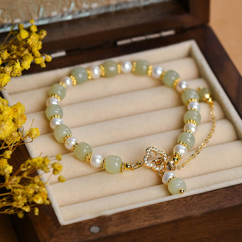 Buddha Stones Hetian Jade Pearl Alloy Four Leaf Clover Pendent Abundance Bracelet