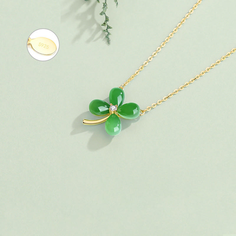 Buddha Stones Jade 925 Sterling Silver Four Leaf Clover Luck Necklace Pendant