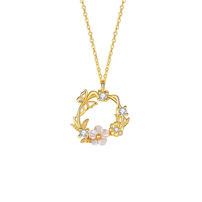 Collier avec pendentif en argent sterling 925 et zircone cubique, coquillage, papillon, fleur de pêcher, bénédiction
