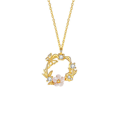 Collier avec pendentif en argent sterling 925 et zircone cubique, coquillage, papillon, fleur de pêcher, bénédiction