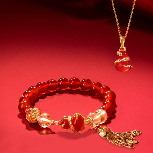 Collier et bracelet porte-bonheur en agate rouge et pierres de Bouddha, année du serpent 