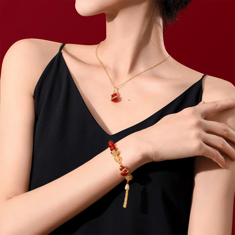 Collier et bracelet porte-bonheur en agate rouge et pierres de Bouddha, année du serpent 