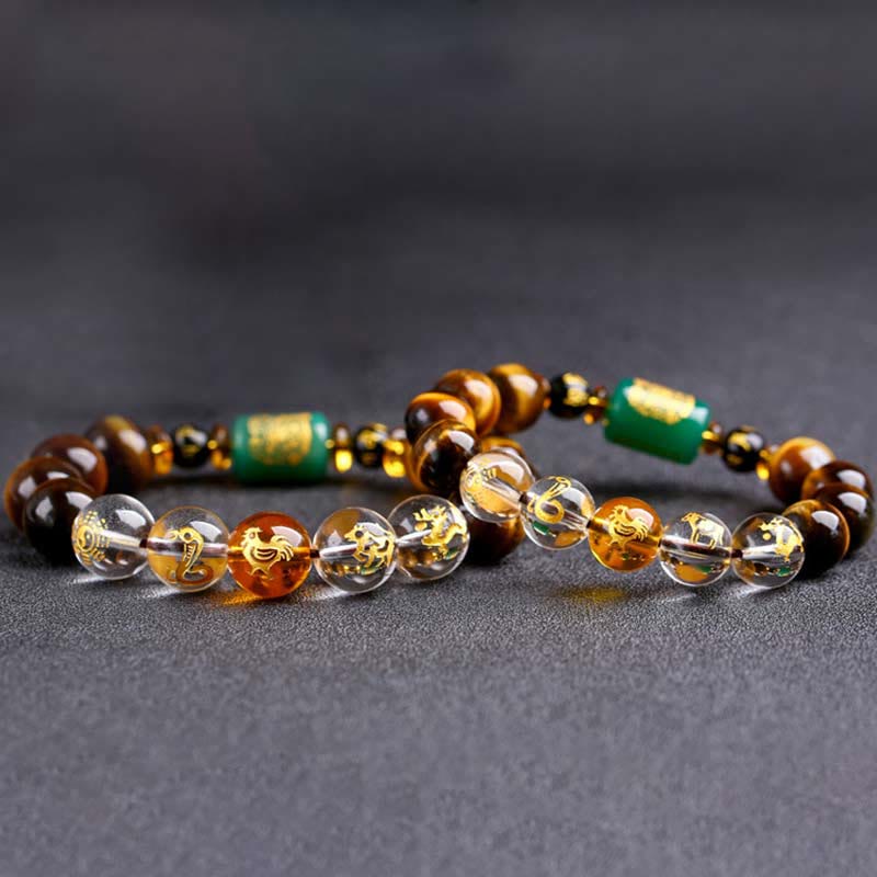 Bracelet courage en cristal blanc œil de tigre avec pierres de Bouddha et zodiaque chinois 