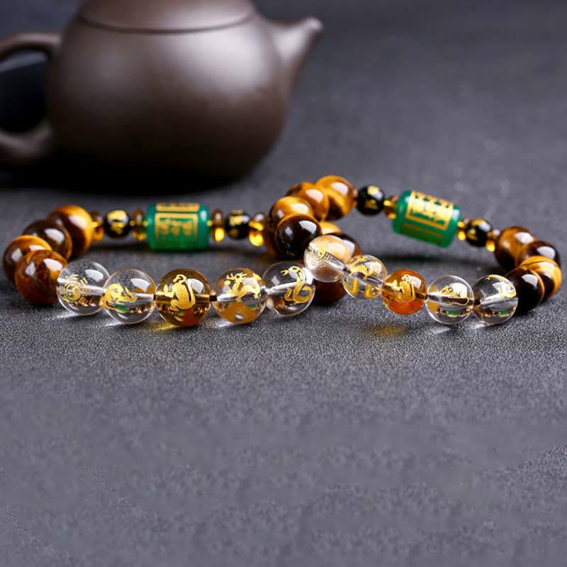 Bracelet courage en cristal blanc œil de tigre avec pierres de Bouddha et zodiaque chinois 