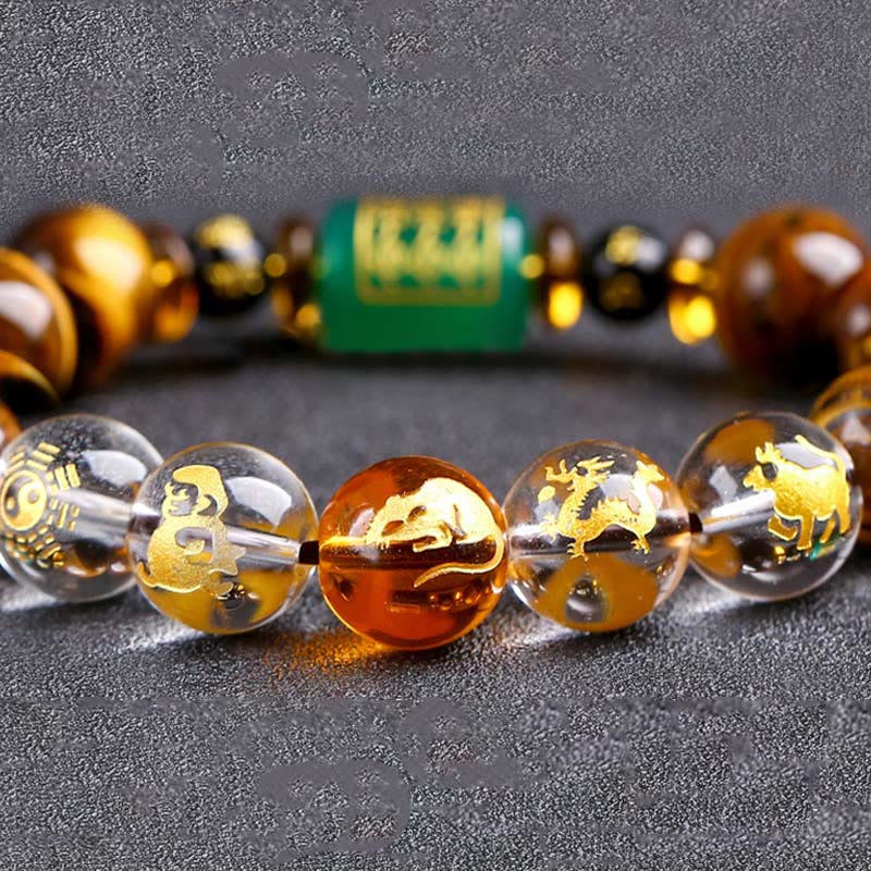 Bracelet courage en cristal blanc œil de tigre avec pierres de Bouddha et zodiaque chinois 