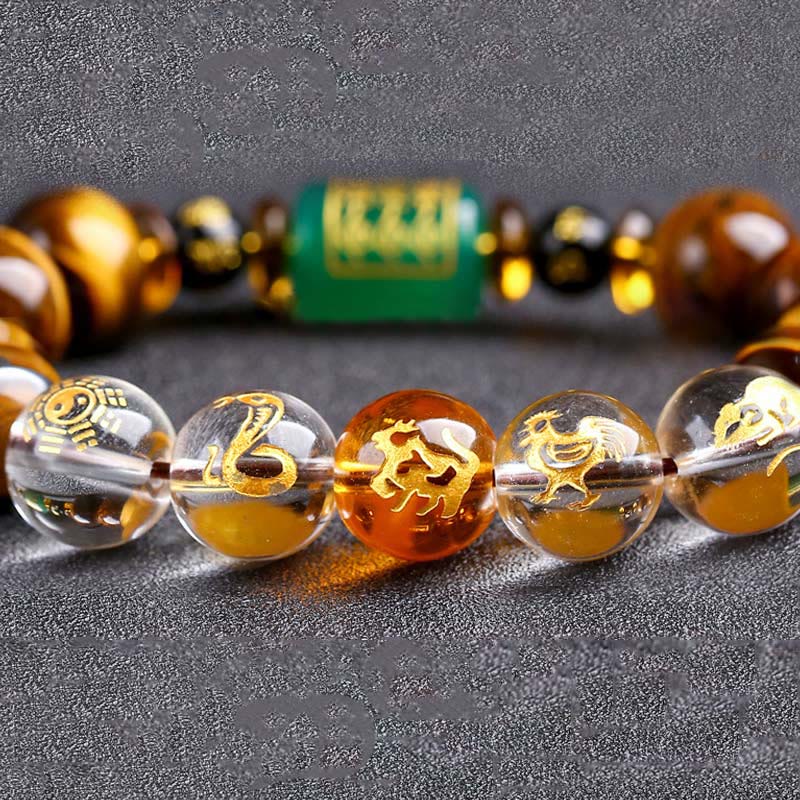 Bracelet courage en cristal blanc œil de tigre avec pierres de Bouddha et zodiaque chinois 