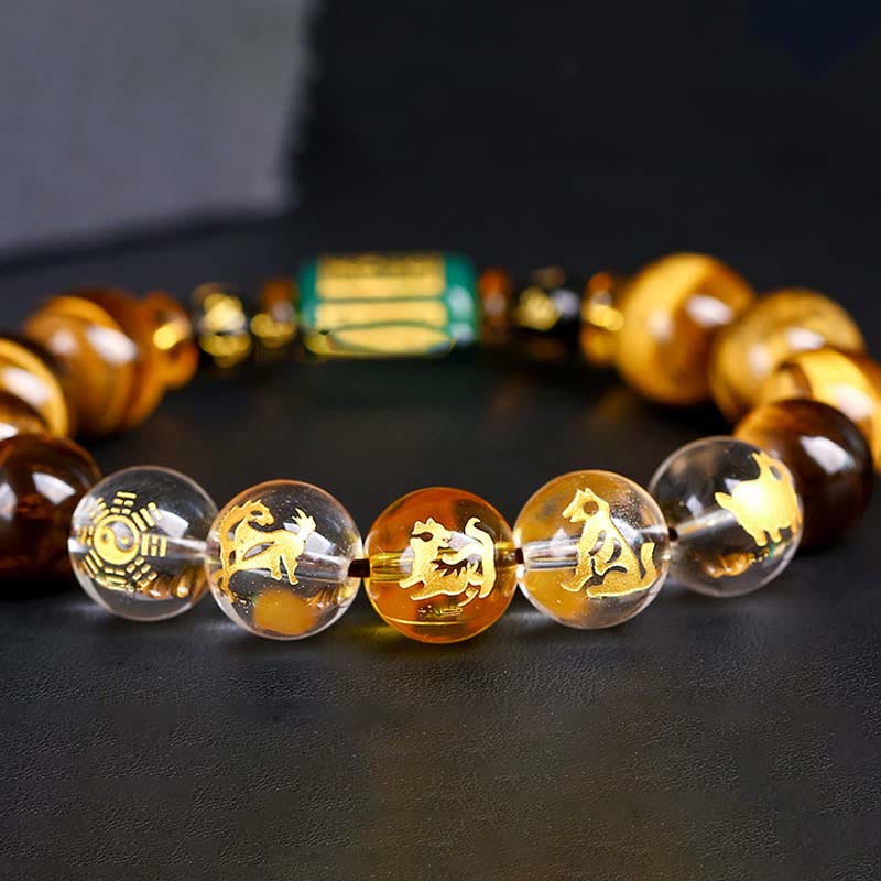 Bracelet courage en cristal blanc œil de tigre avec pierres de Bouddha et zodiaque chinois 