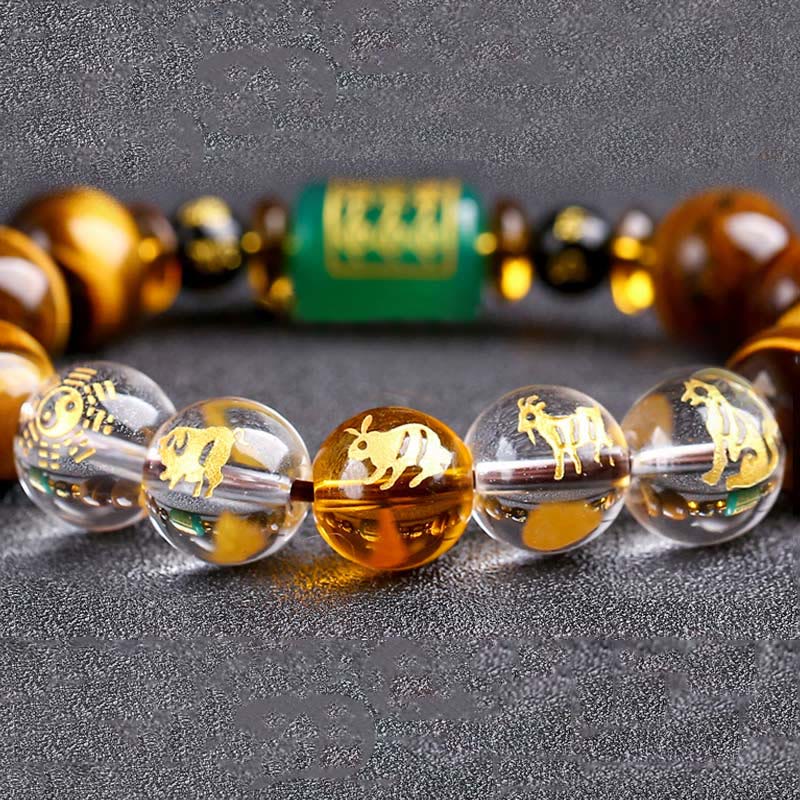 Bracelet courage en cristal blanc œil de tigre avec pierres de Bouddha et zodiaque chinois 