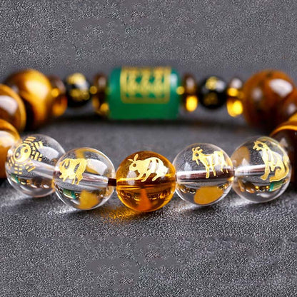 Bracelet courage en cristal blanc œil de tigre avec pierres de Bouddha et zodiaque chinois 