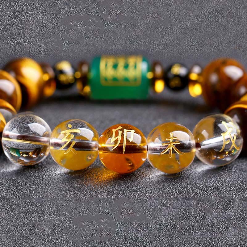 Bracelet courage en cristal blanc œil de tigre avec pierres de Bouddha et zodiaque chinois 