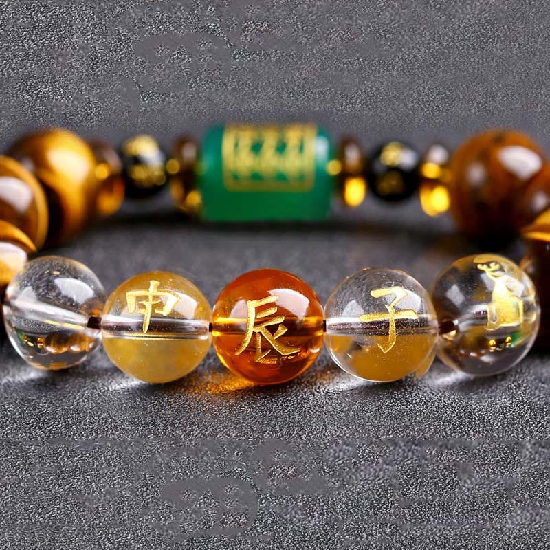 Bracelet courage en cristal blanc œil de tigre avec pierres de Bouddha et zodiaque chinois 