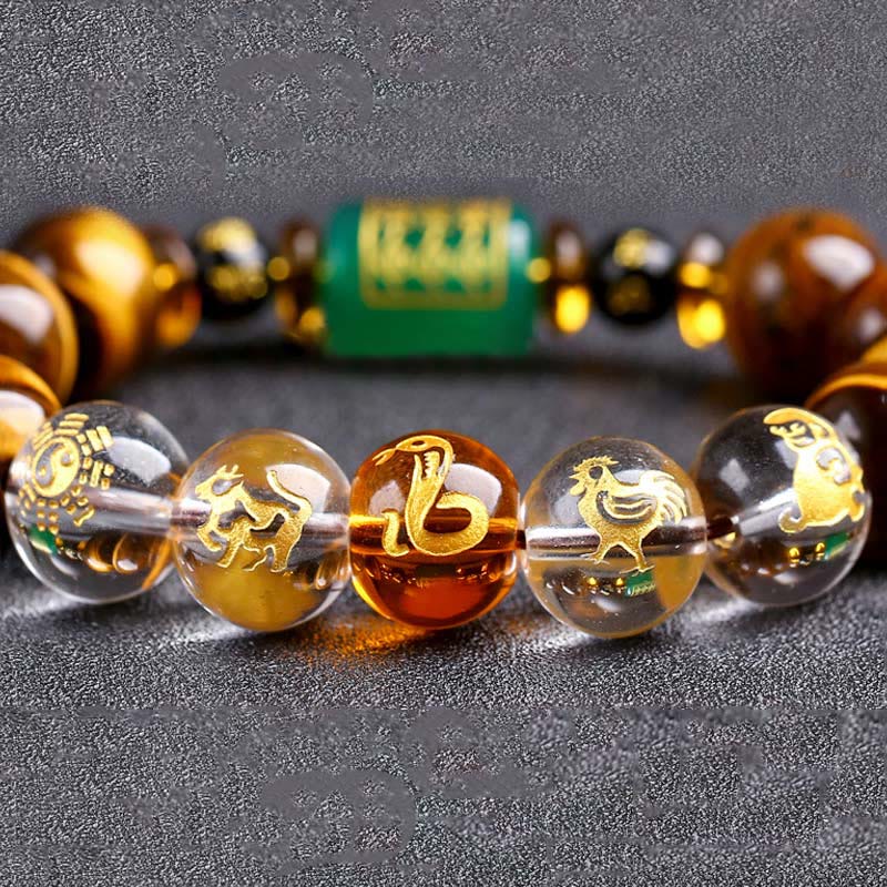 Bracelet courage en cristal blanc œil de tigre avec pierres de Bouddha et zodiaque chinois 