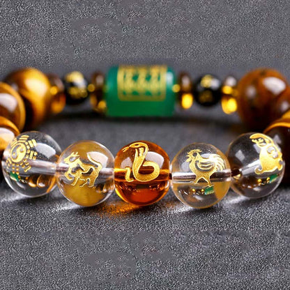 Bracelet courage en cristal blanc œil de tigre avec pierres de Bouddha et zodiaque chinois 