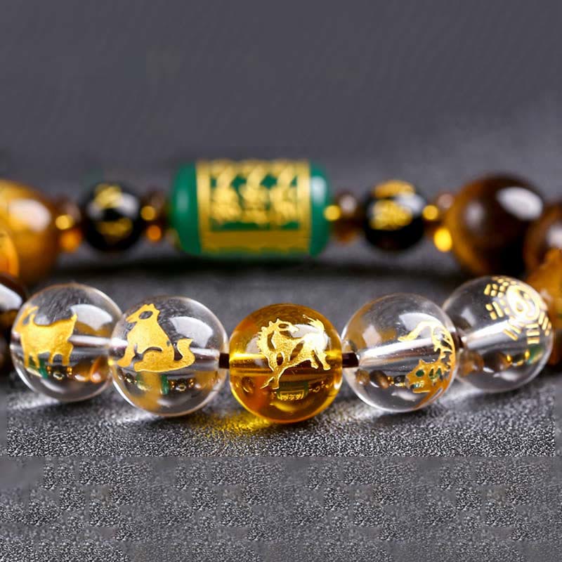Bracelet courage en cristal blanc œil de tigre avec pierres de Bouddha et zodiaque chinois 