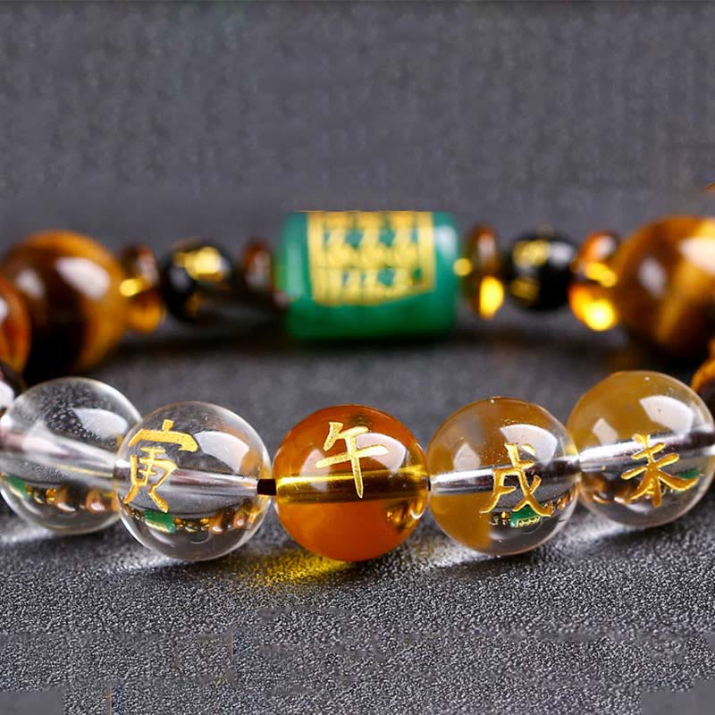 Buddha Stones Chinese Zodiac Tiger Eye White Crystal Courage Bracelet