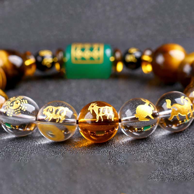 Bracelet courage en cristal blanc œil de tigre avec pierres de Bouddha et zodiaque chinois 