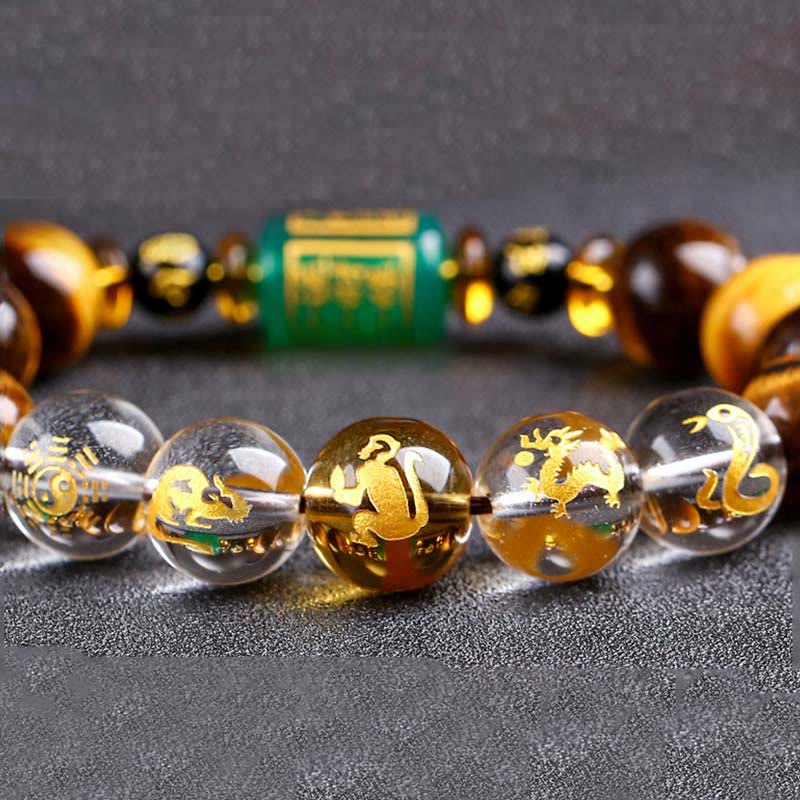 Bracelet courage en cristal blanc œil de tigre avec pierres de Bouddha et zodiaque chinois 