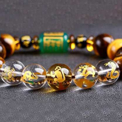 Bracelet courage en cristal blanc œil de tigre avec pierres de Bouddha et zodiaque chinois 