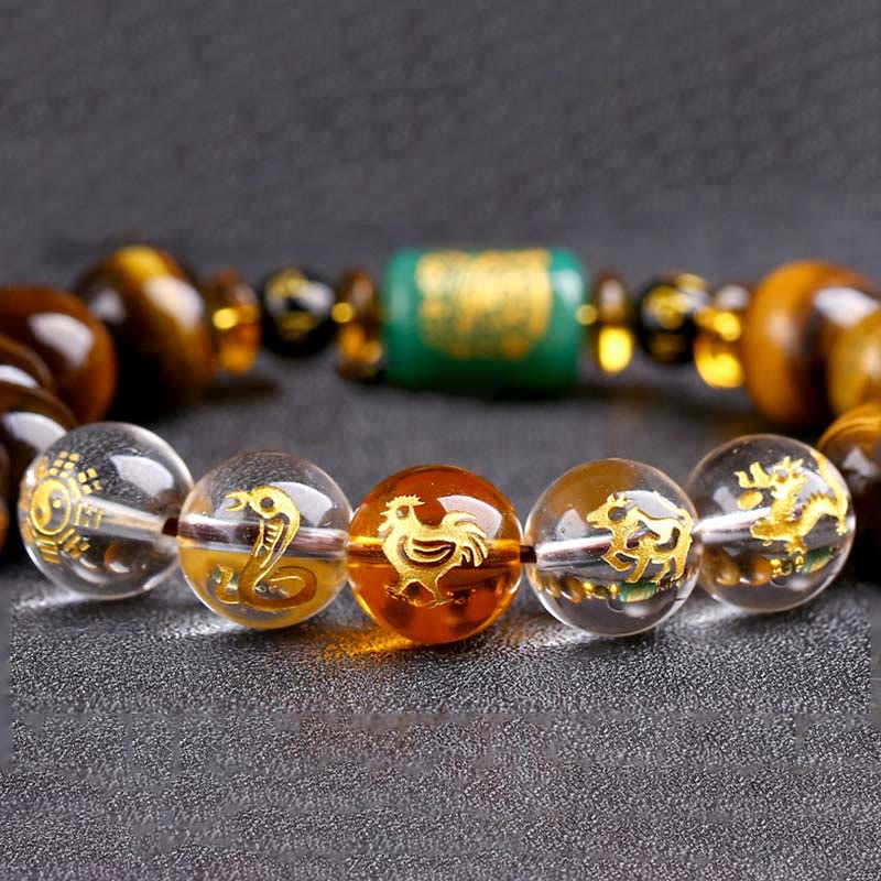 Bracelet courage en cristal blanc œil de tigre avec pierres de Bouddha et zodiaque chinois 