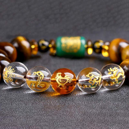 Bracelet courage en cristal blanc œil de tigre avec pierres de Bouddha et zodiaque chinois 