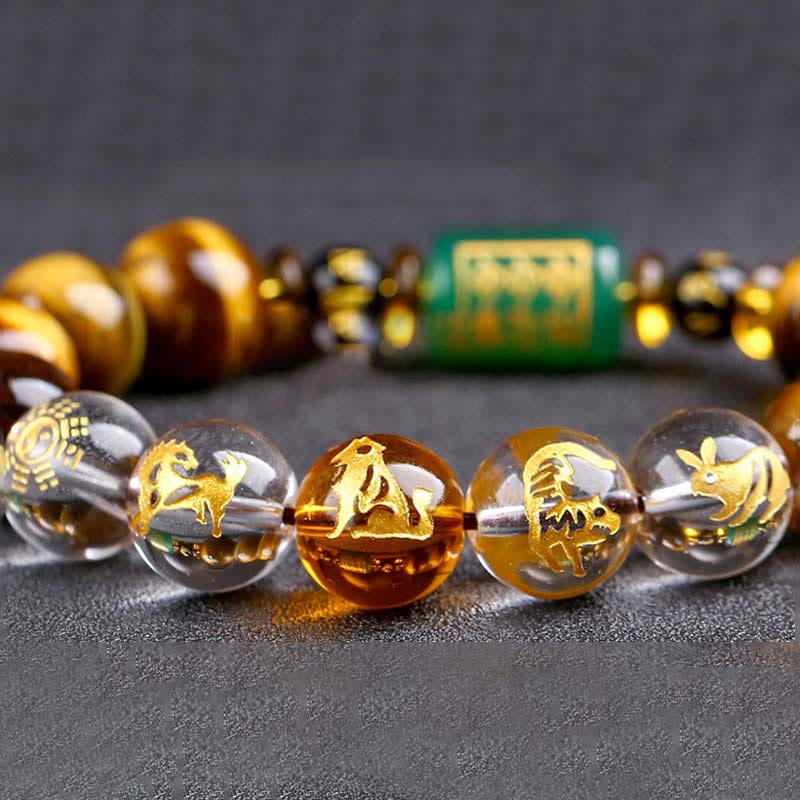 Bracelet courage en cristal blanc œil de tigre avec pierres de Bouddha et zodiaque chinois 