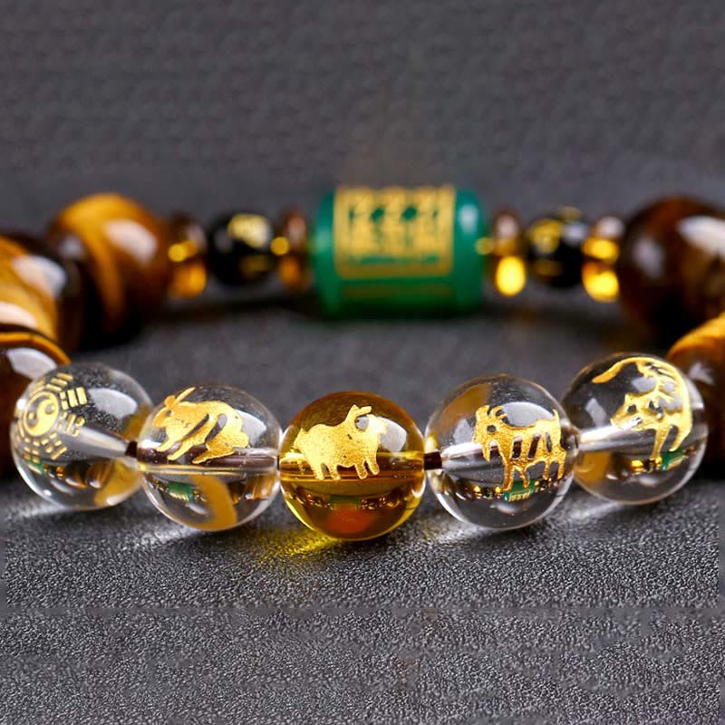 Bracelet courage en cristal blanc œil de tigre avec pierres de Bouddha et zodiaque chinois 