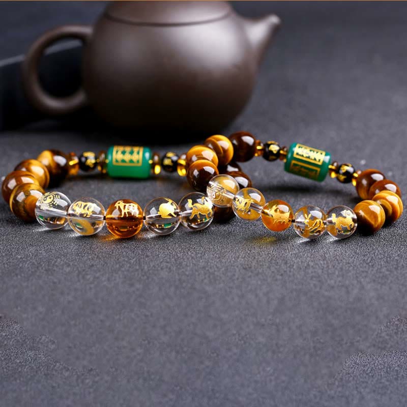 Bracelet courage en cristal blanc œil de tigre avec pierres de Bouddha et zodiaque chinois 