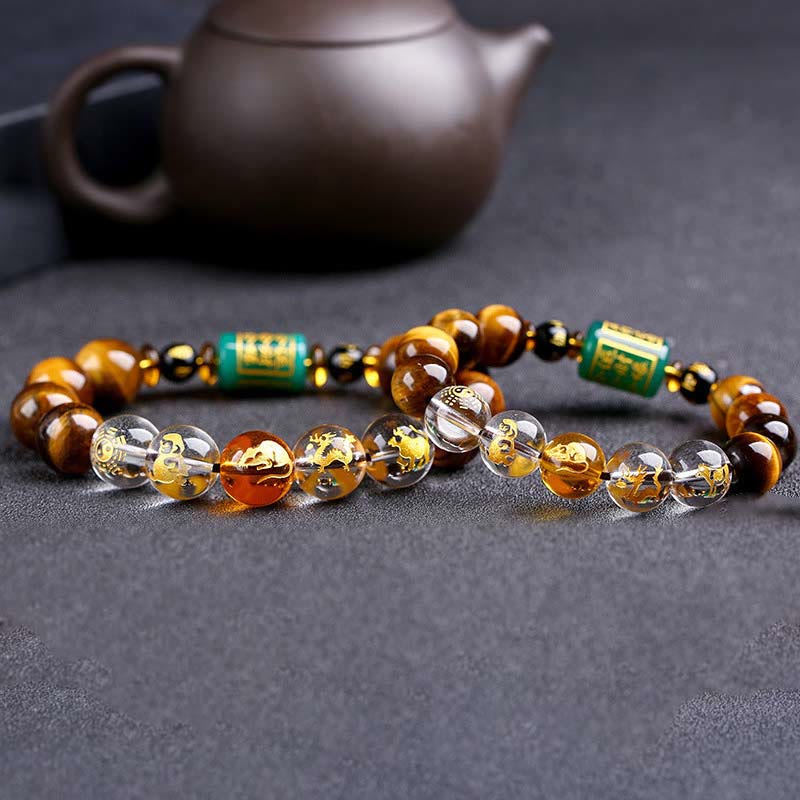 Bracelet courage en cristal blanc œil de tigre avec pierres de Bouddha et zodiaque chinois 
