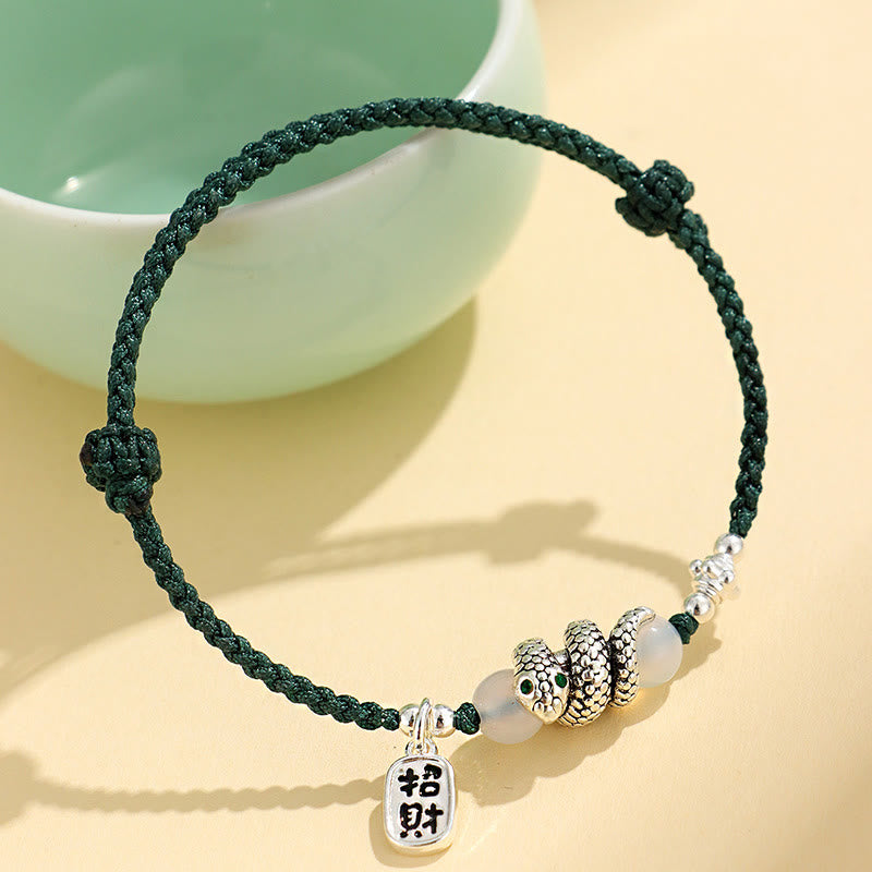 Bracelet porte-bonheur en fil rouge avec pierres de Bouddha et caractère Fu, année du serpent