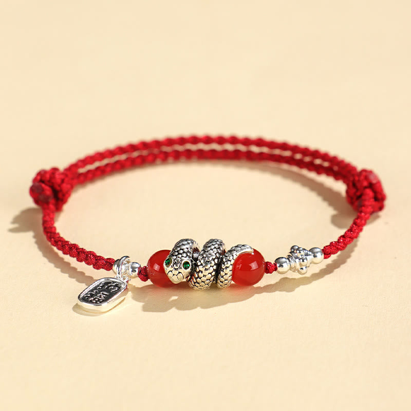 Bracelet porte-bonheur en fil rouge avec pierres de Bouddha et caractère Fu, année du serpent