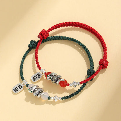Bracelet porte-bonheur en fil rouge avec pierres de Bouddha et caractère Fu, année du serpent