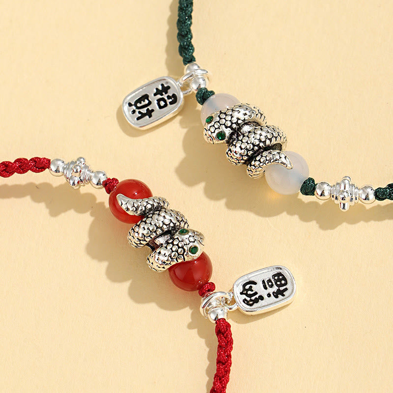 Bracelet porte-bonheur en fil rouge avec pierres de Bouddha et caractère Fu, année du serpent